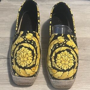 Versace Black and Gold Espadrilles with Baroque Pattern